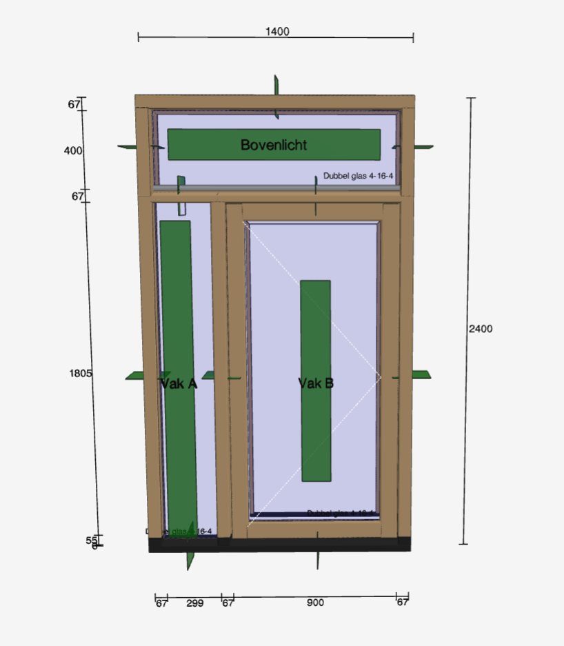 Kozijn in Quadro met maatvoering, zijlicht links en bovenlicht.