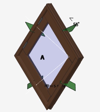 3D-weergave van een ruitvormig houten kozijn met glas en technische aanduidingen.